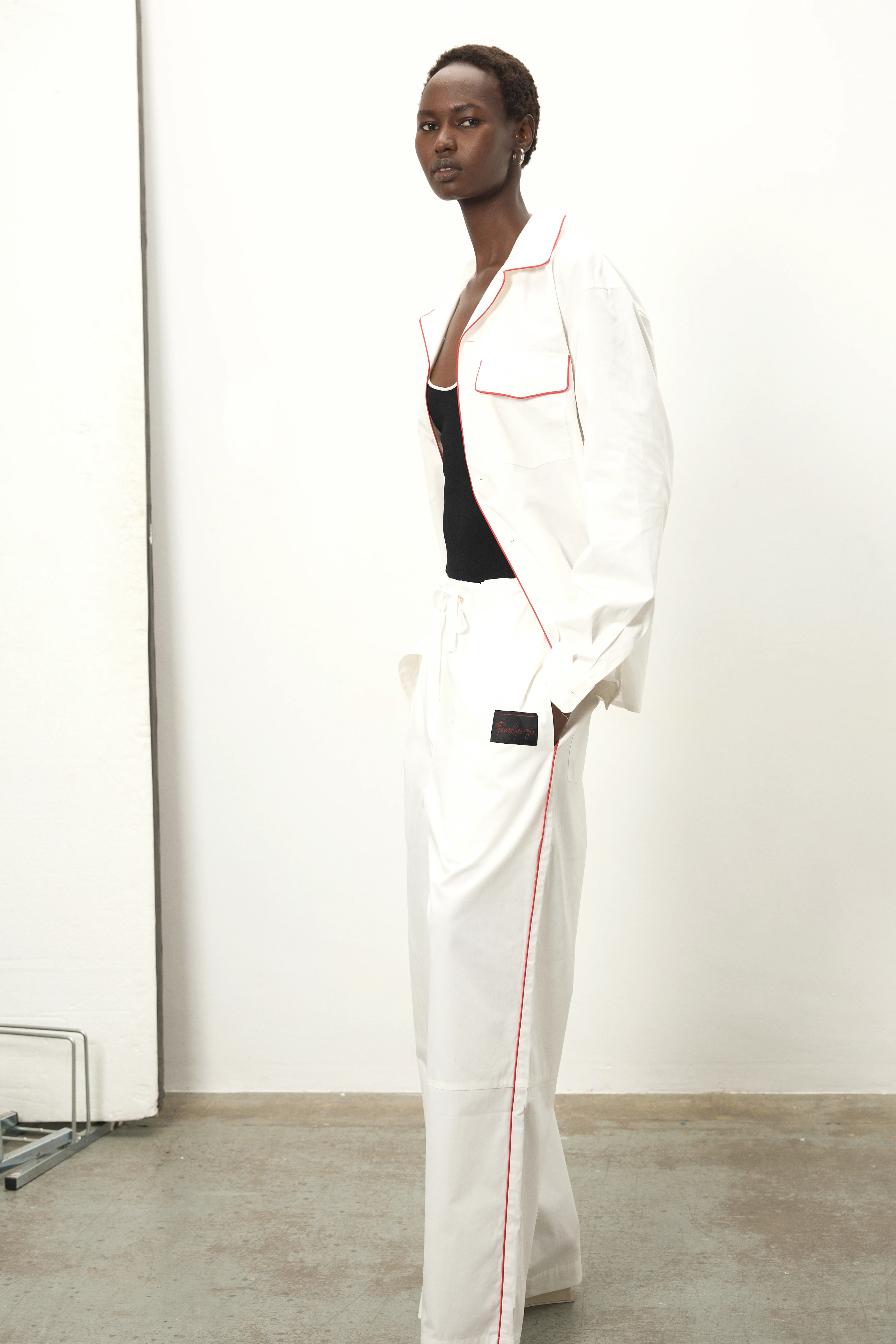 Boxy Cotton Poplin Shirt - White & Red Piping - Image 3