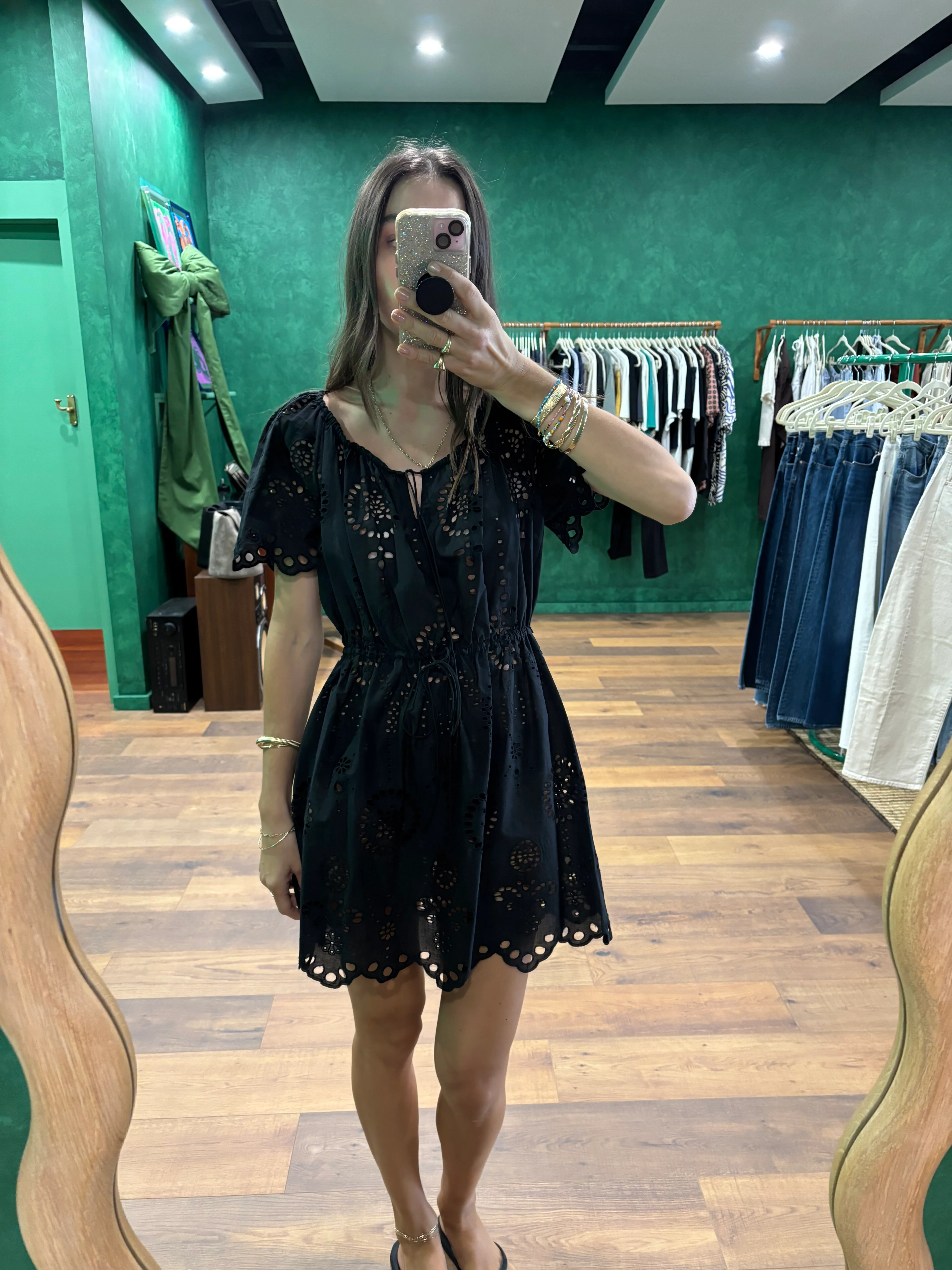 Broderie Scoop Mini Dress - Black - Image 2