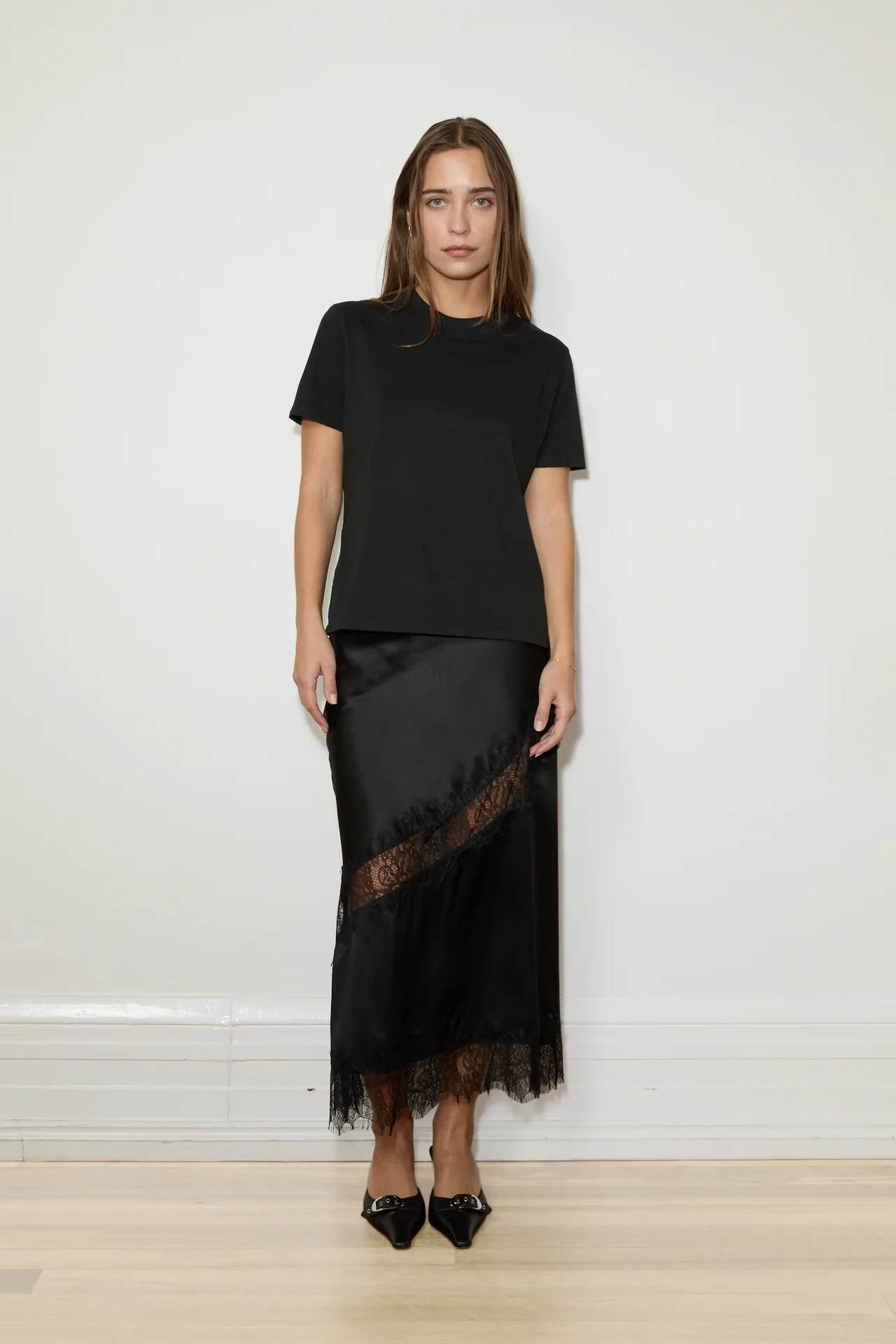Silk Lace Midi Skirt - Black