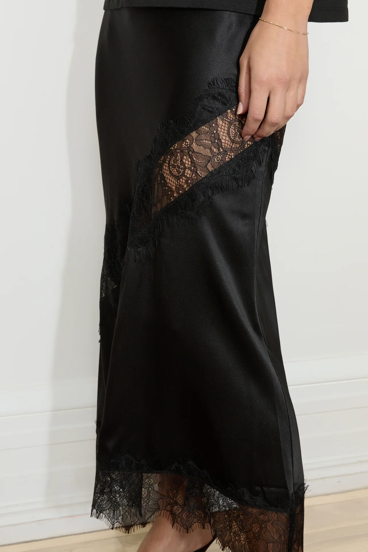 Silk Lace Midi Skirt - Black - Image 4