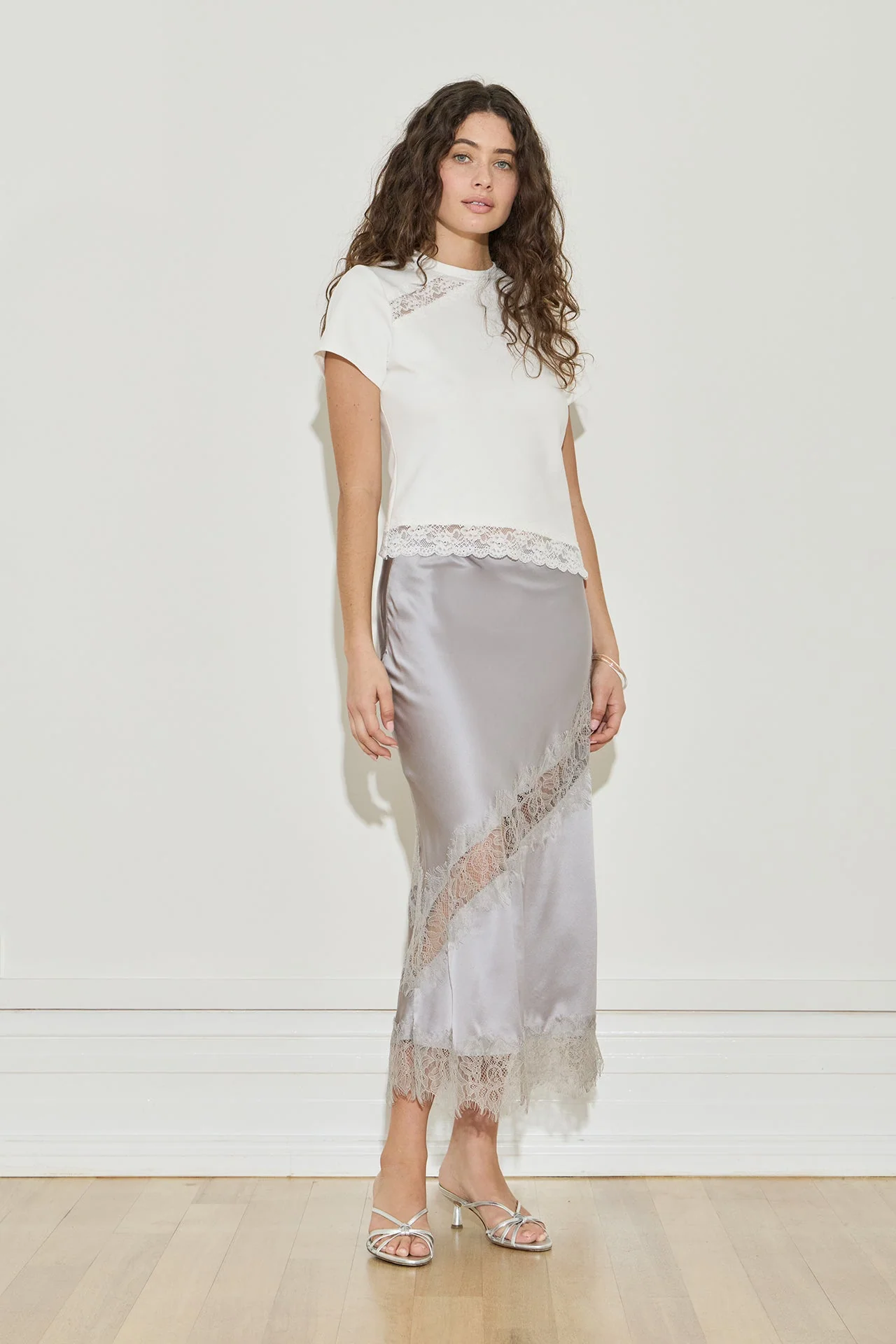 Silk Lace Midi Skirt - Silver