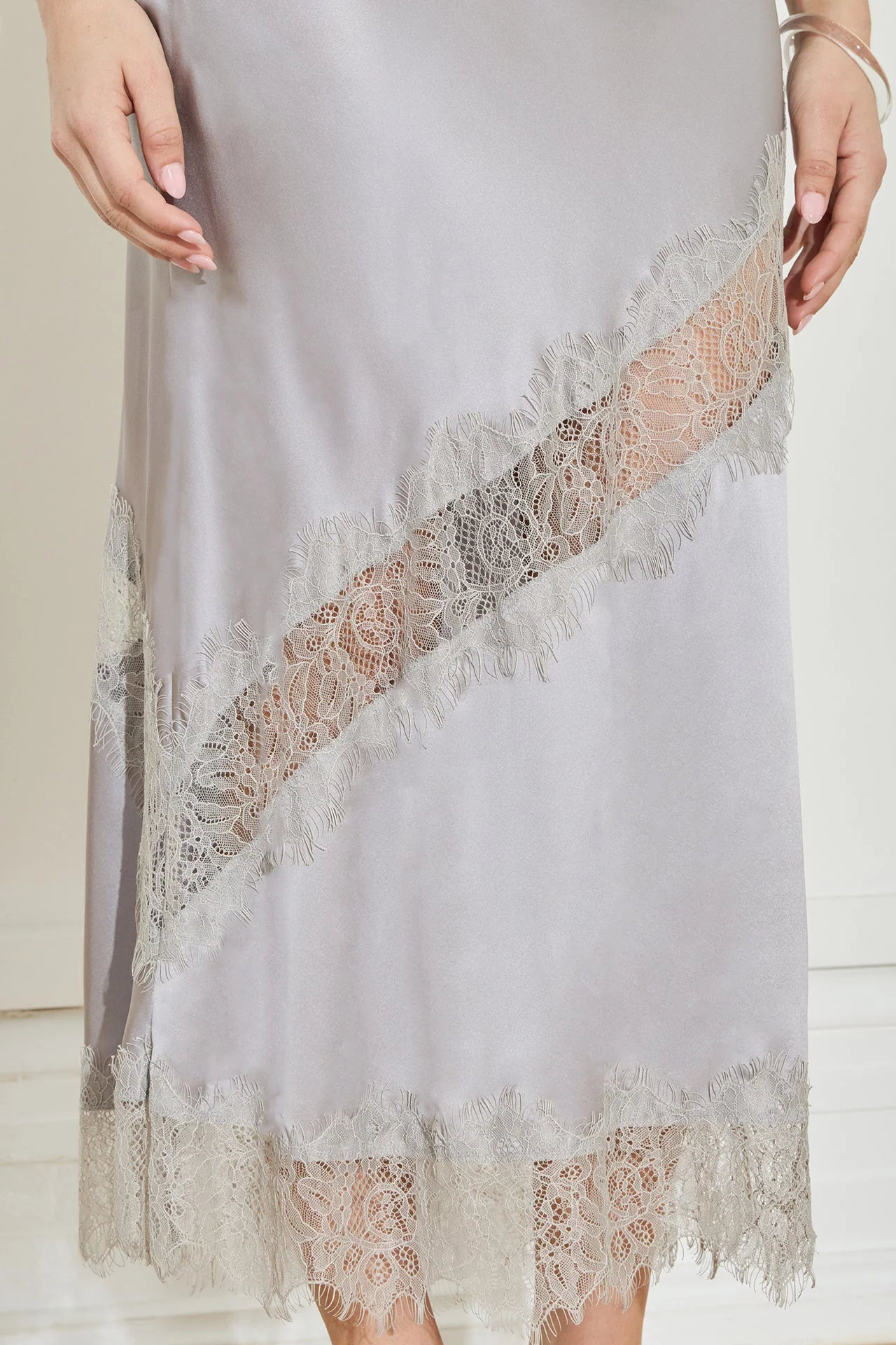 Silk Lace Midi Skirt - Silver - Image 2