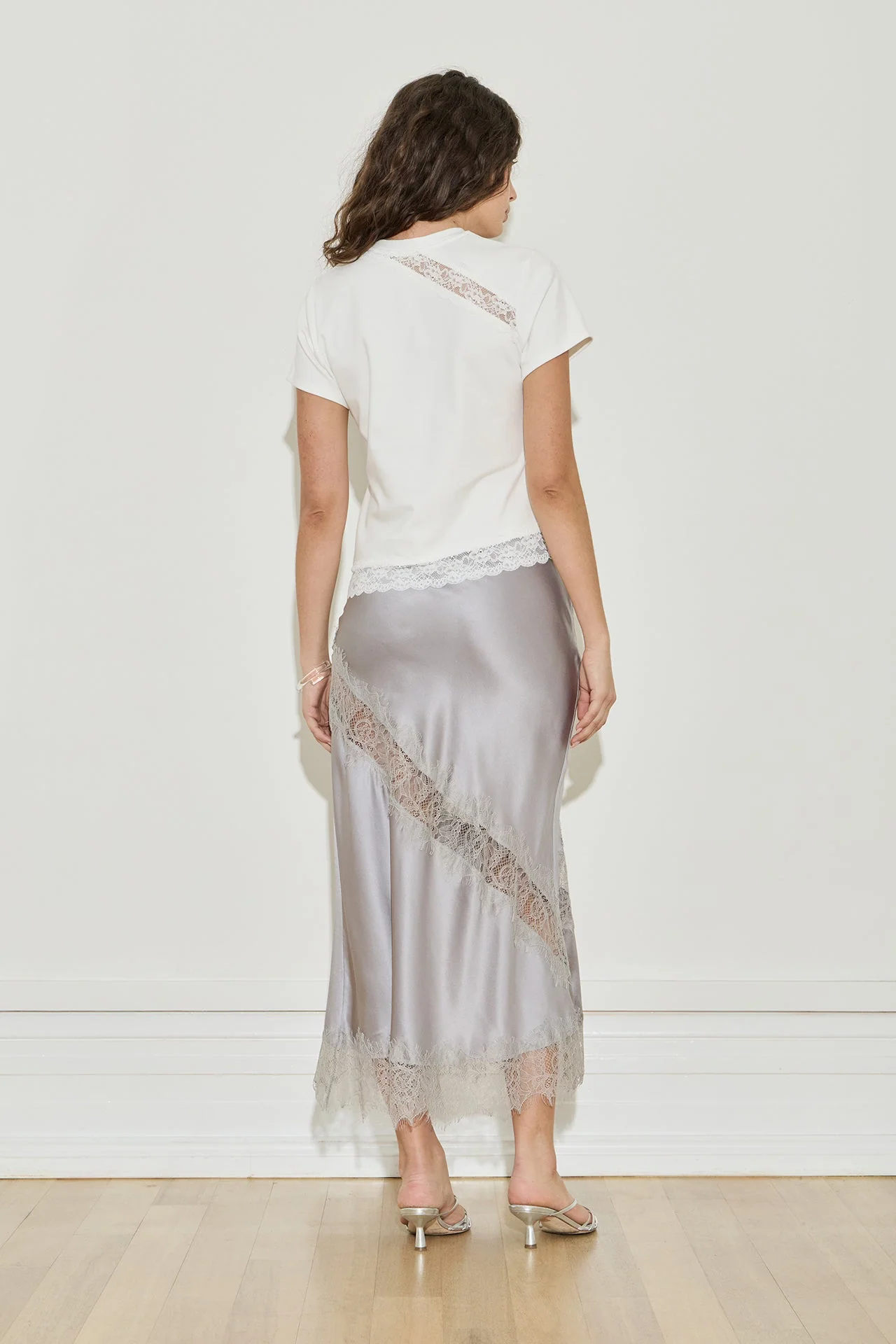 Silk Lace Midi Skirt - Silver - Image 3